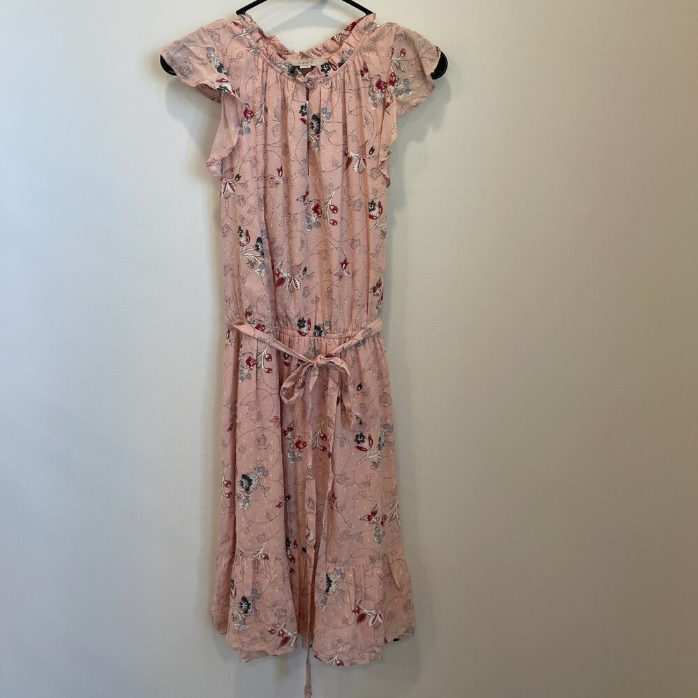 Loft Pink Floral Clip‎ Dot Ruffle Midi Dress NWT Size M Flutter Sleeve Tie Waist